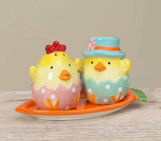 Easter Chicks Salt and Pepper Shaker Set with Tray, Ceramic - Yellow, Blue, Pink, Orange, Green