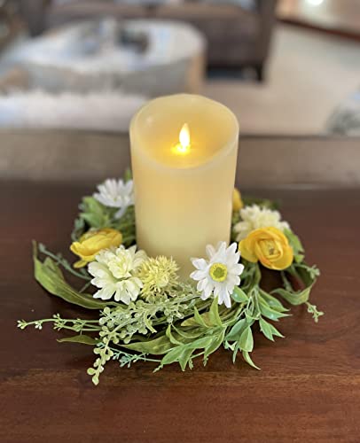 10 Inch Ranunculus and Daisy Artificial Floral Candle Ring, Candle Holder for Pillar Candles and Glass Hurricanes- White, Yellow and Green