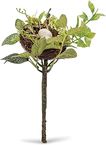 TenWaterloo Bird Nest with Eggs in Green, Cream and Brown, 10 Inch High Garden Flower Plant Pick, Artificial Floral Faux Bird Nest, Spring and Easter Décor