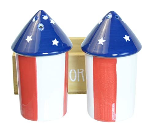 Firecracker 4th of July Salt and Pepper Shaker Set - Patriotic Red, White and Blue Ceramic Salt and Pepper Shakers With Wood Crate Holder