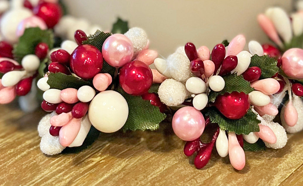 6 Inch Glass Coated Pearlized Bead Berries Candle Ring, Holds 3.5 Inch Pillar Candle - Pink, Red, White and Green