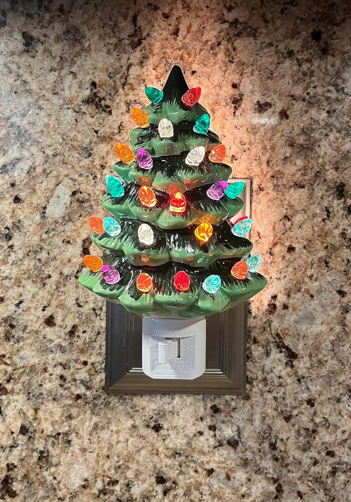 TenWaterloo Christmas Tree Night Light, Ceramic with Lighted Ornaments, 6 Inches High, Vintage Style Christmas Light, Green with Multi Colored Bulbs