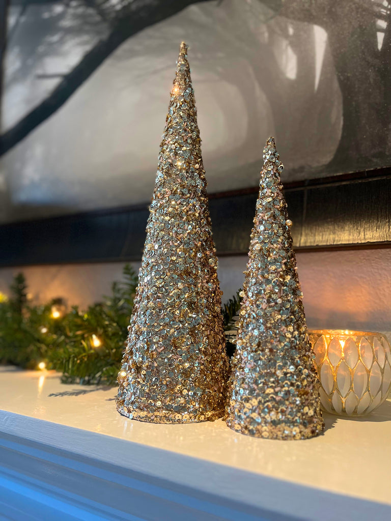 18 Inch and 12 Inch High Jeweled Glittered Christmas Cone Trees, Set of 2 - Champagne Gold with Pearls, Sequins and Seed Beads