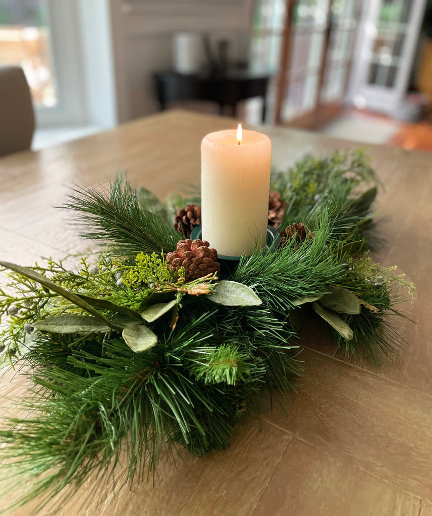 26 Inch Artificial Pine and Cedar Christmas Table Centerpiece with Pillar Candle Holder and Pine Cones