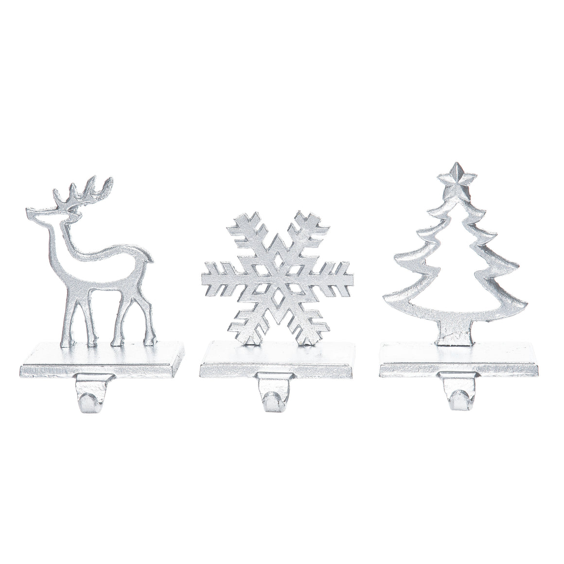Set of 3 Silver Cast Iron Christmas Stocking Hangers - Stocking Holders Reindeer, Snowflake and Tree - 5 Inches to 6-1/2 Inches High, Heavy Weighted 1.4 Pounds Each