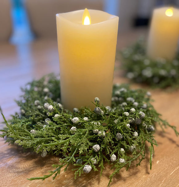 Juniper Pillar Candle Ring, 9 Inches Diameter, Artificial Juniper Pine and Berries with Natural Twig Base, Candle Holder Ring, Christmas and Winter Holiday Decoration Seasonal Winter Candle Ring