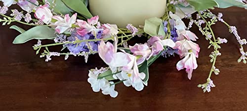 12 Inch Wildflower with Lavender and Salvia Artificial Floral Candle Ring, Candle Holder for Pillar Candles and Glass Hurricanes