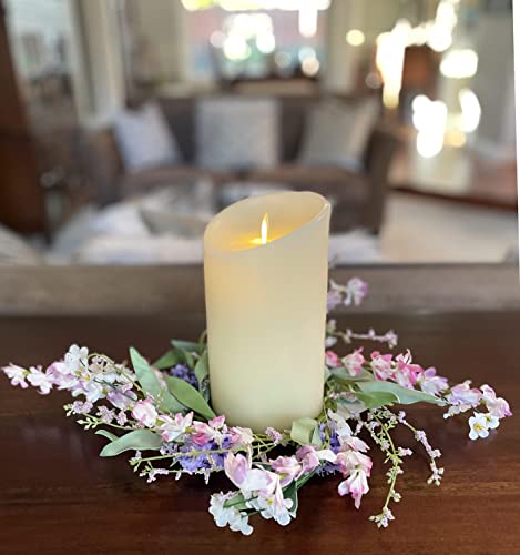12 Inch Wildflower with Lavender and Salvia Artificial Floral Candle Ring, Candle Holder for Pillar Candles and Glass Hurricanes