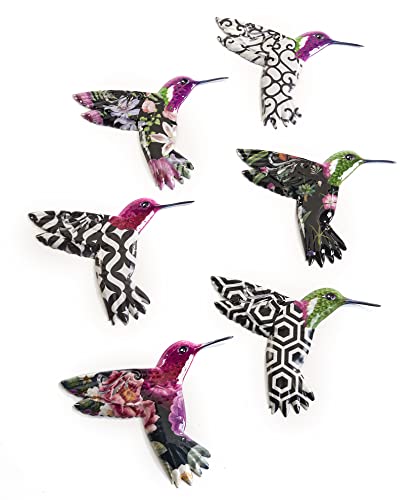 Gift Craft Set of 6 Metal Hummingbirds Hanging Wall Art in Botanical Floral Prints and Black and White Patterns, 6.75 Inches, 6 Designs in Colorful Enamel