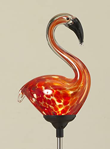 Hand Blown Glass Flamingo Solar Lighted Yard Stake, Solar Garden Torch 31 Inches High with Lighted Glass Body and Automatic Night Lighting