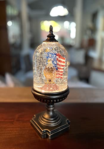 Patriotic Water Lantern with American Eagle and American Flag, Battery Operated or USB with Timer, Lighted Water Lantern Snow Globe with Swirling Glittered Effect, 12.5 " High - Red, White and Blue