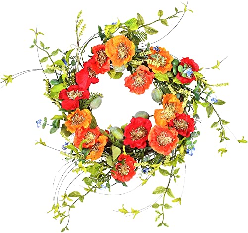 22 Inch Orange and Red Artificial Poppy Wreath on Natural Twig Base