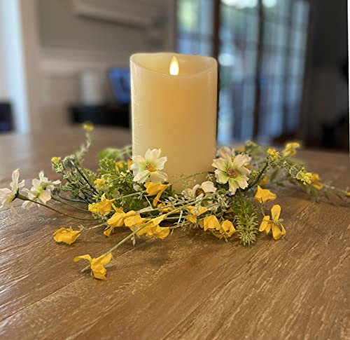 10 Inch Spring Daisy and Buttercup Candle Ring, Artificial Dried Floral Look Yellow and White Blossoms