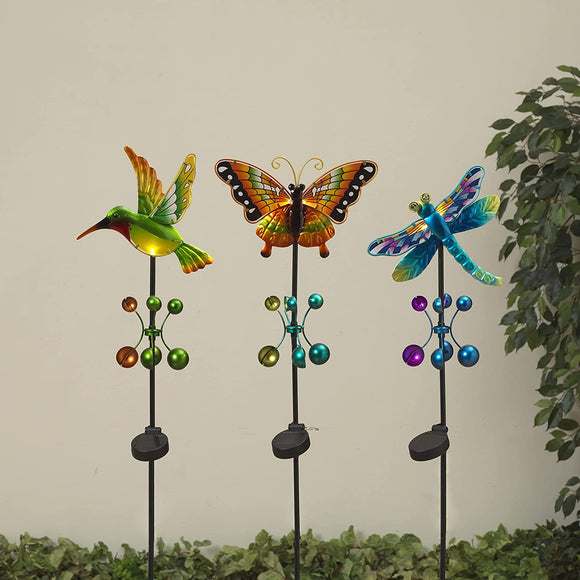 Set of 3 Colorful Metal Lighted Garden Friends Yard Stakes, Wind Spinners with Solar Lights 40 Inches High-Hummingbird, Butterfly and Dragonfly Wind Sculpture Art, 9 Inches Wide x 3.3 Feet High Each