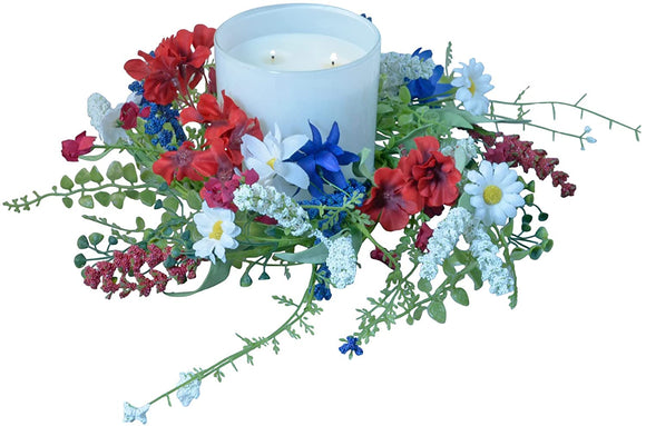 10 Inch Patriotic Red, White and Blue Artificial Floral Candle Ring, Candle Holder for Pillar Candles and Glass Hurricanes - Geraniums, Daisy and Astilbe Artificial Flowers