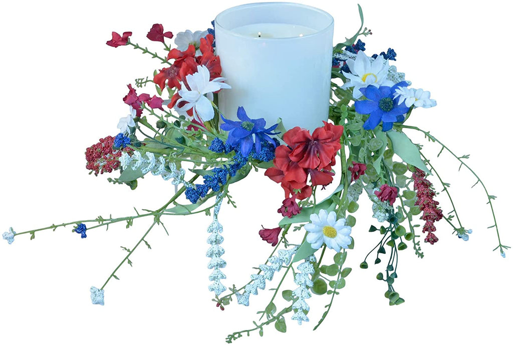 10 Inch Patriotic Red, White and Blue Artificial Floral Candle Ring, Candle Holder for Pillar Candles and Glass Hurricanes - Geraniums, Daisy and Astilbe Artificial Flowers
