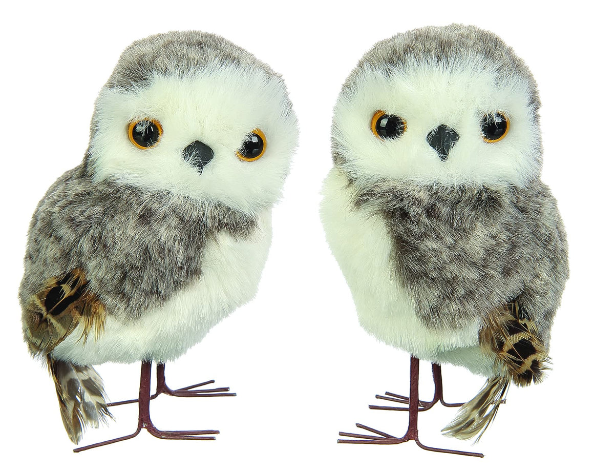 Soft Fur Feather Owl with Metal Feet, Set of 2, 4.5 Inch High, Christmas Owl Pair Faux Fur and Natural Feathers