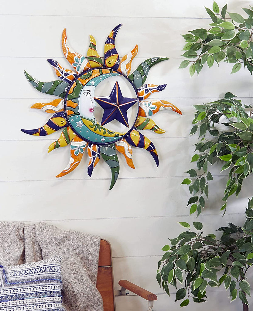 Sun Moon & Stars Metal Wall Hanging Garden Art, 25 Inches, Outdoor Decor Wall Art - Blue, Teal, Yellow, Green, Silver and Copper
