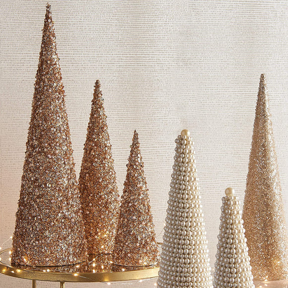 22 Inch, 17 Inch and 12 Inch High Jeweled Glittered Cone Christmas Trees Set of 3 - Champagne Gold