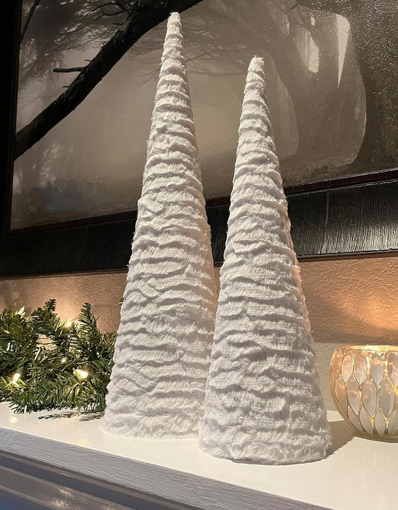 White Faux Fur Glamourous Christmas Cone Trees, 20 Inches and 16 Inches High, Set of 2
