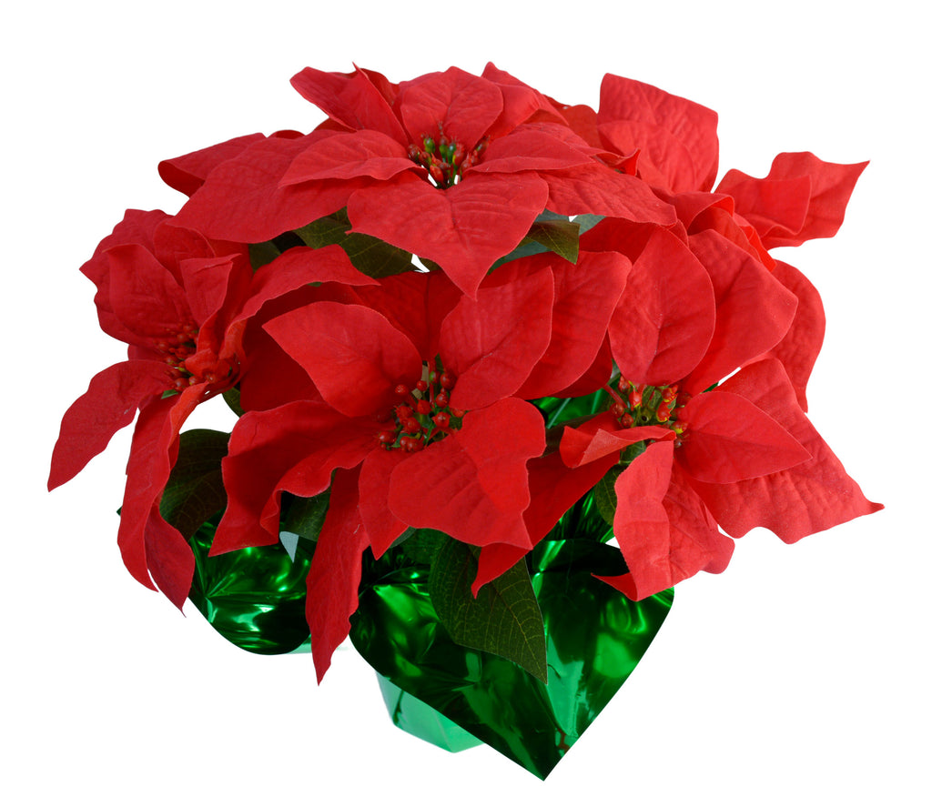 15" Potted Red Poinsettia Plant with 7 Flowers, Artificial Floral