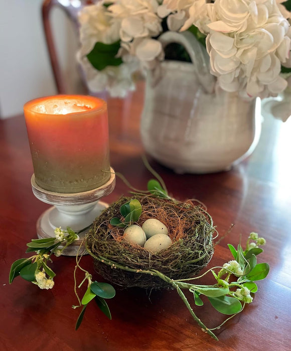 7 Inch Mossy Bird's Nest with Blue Eggs - Faux Eggs with Natural Twigs and Artificial Greenery and Floral- Spring and Easter Décor