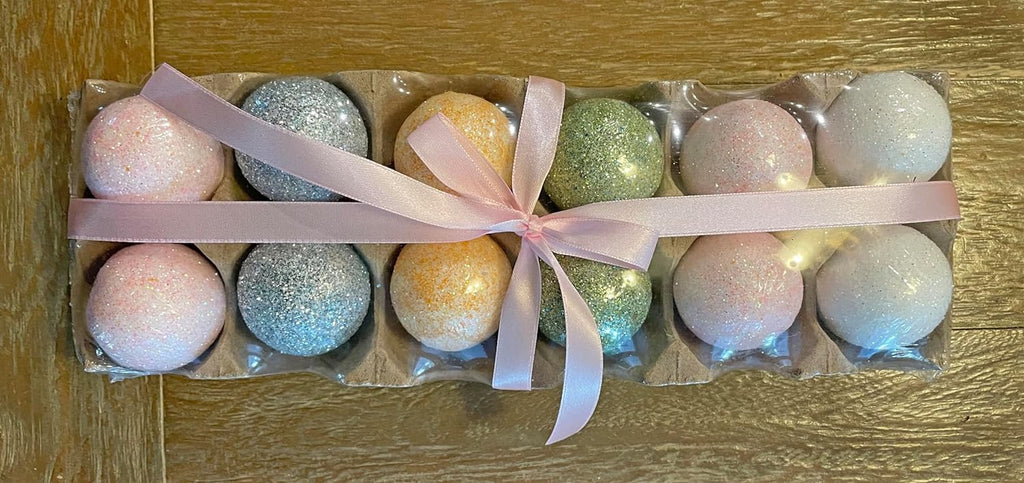 12 Glittered Artificial Easter Eggs, 2 Inch Easter Eggs - Blue, Green, Orange, White and Pink, Vase and Bowl Filler