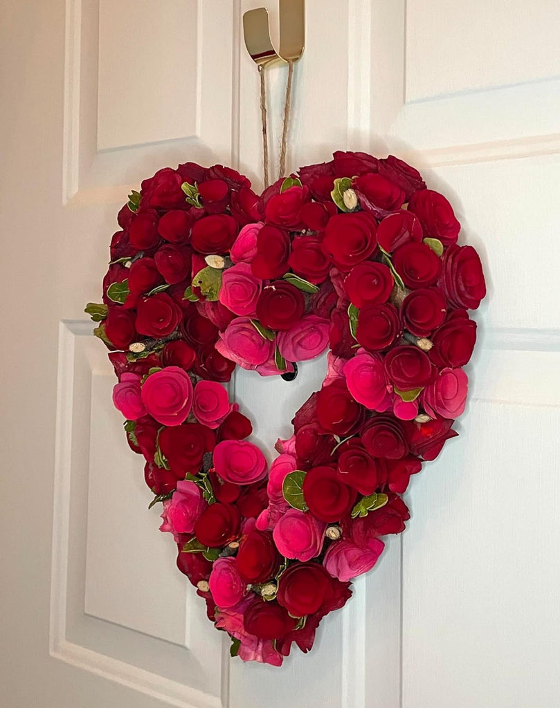 15 Inch Valentine Heart Wood Curl Wreath, Red Wood Rosettes with Green Accents, Rosette Wood Curls Red Heart Wreath, Valentine's Day Wreath