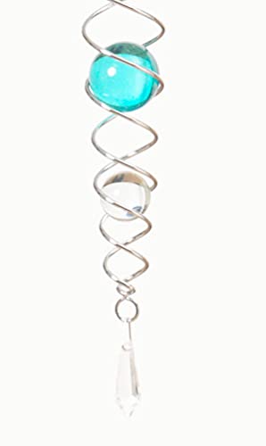 Set of 4 Metal Wind Spinners with Hanging Jeweled Spiral, 7.75 Inches Wide x 19 Inches High Each, 3-D Metal Garden Art Sculpture Gift