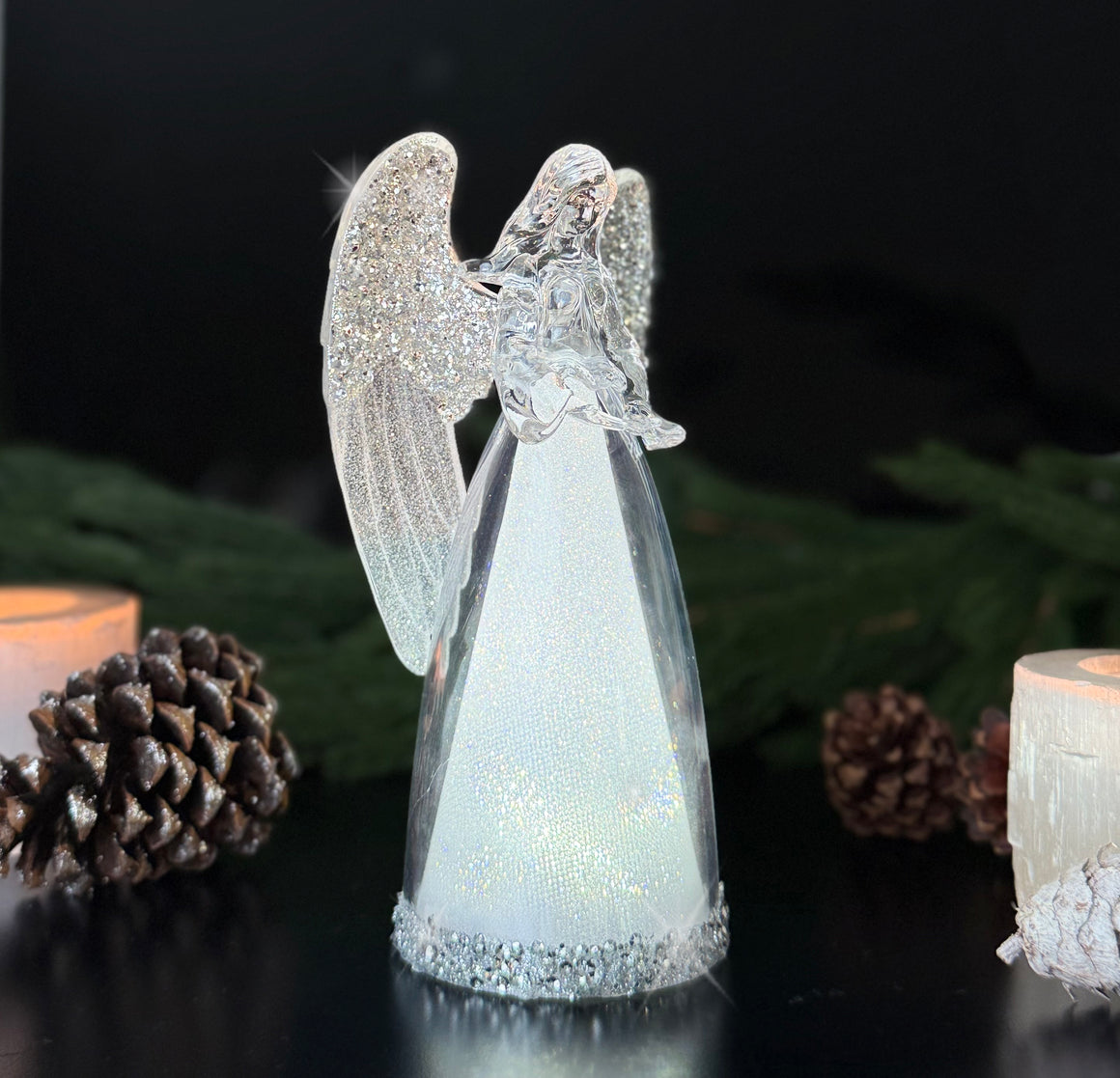 Lighted Christmas Angel Decoration, 7 inch, Silver Glitter Acrylic, Battery Operated LED, Clear