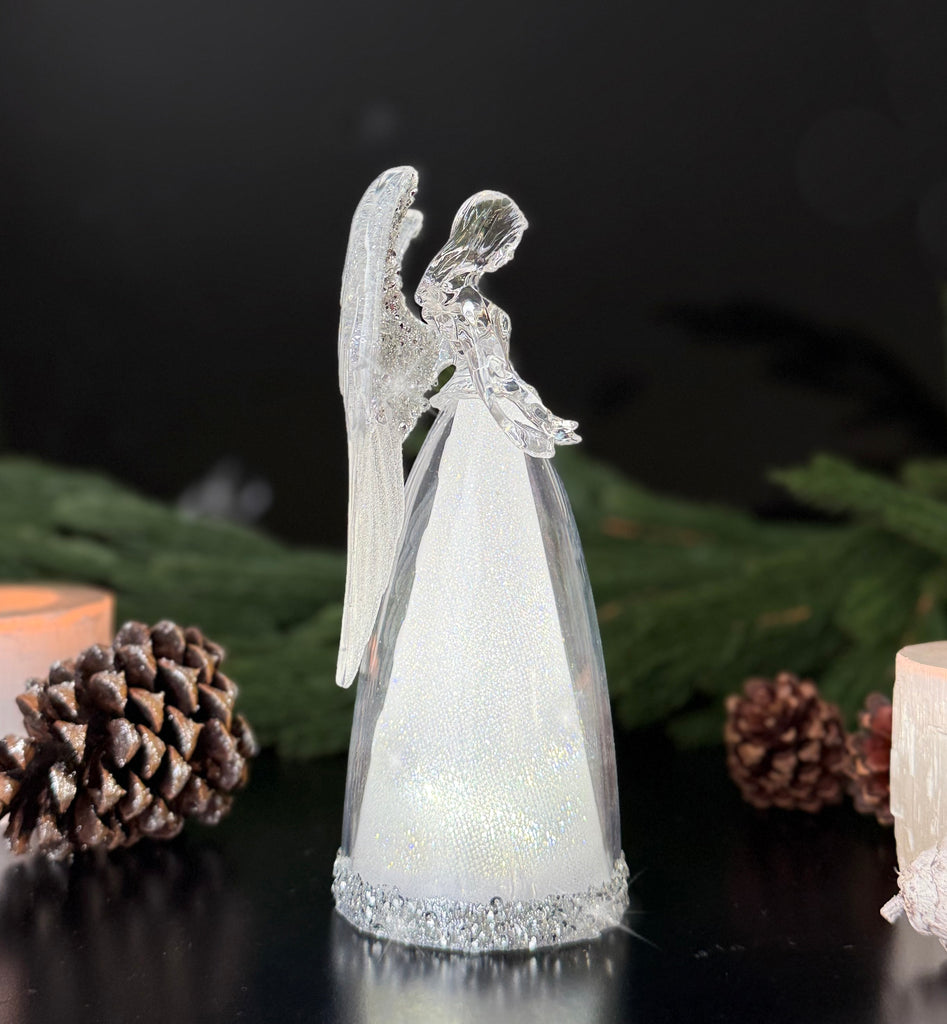 Lighted Christmas Angel Decoration, 7 inch, Silver Glitter Acrylic, Battery Operated LED, Clear