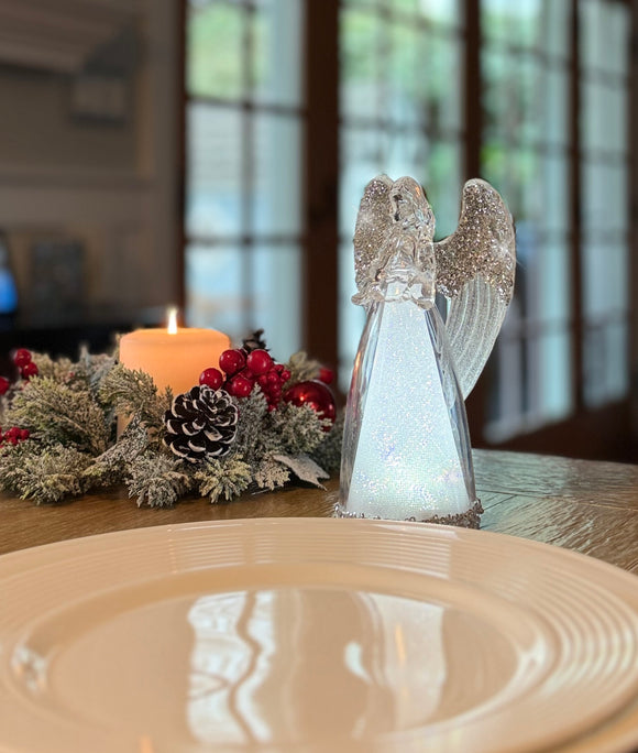 Lighted Christmas Angel Decoration, 7 inch, Silver Glitter Acrylic, Battery Operated LED, Clear