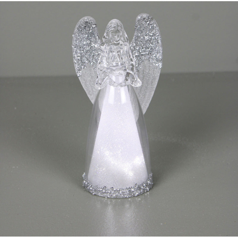 Lighted Christmas Angel Decoration, 7 inch, Silver Glitter Acrylic, Battery Operated LED, Clear