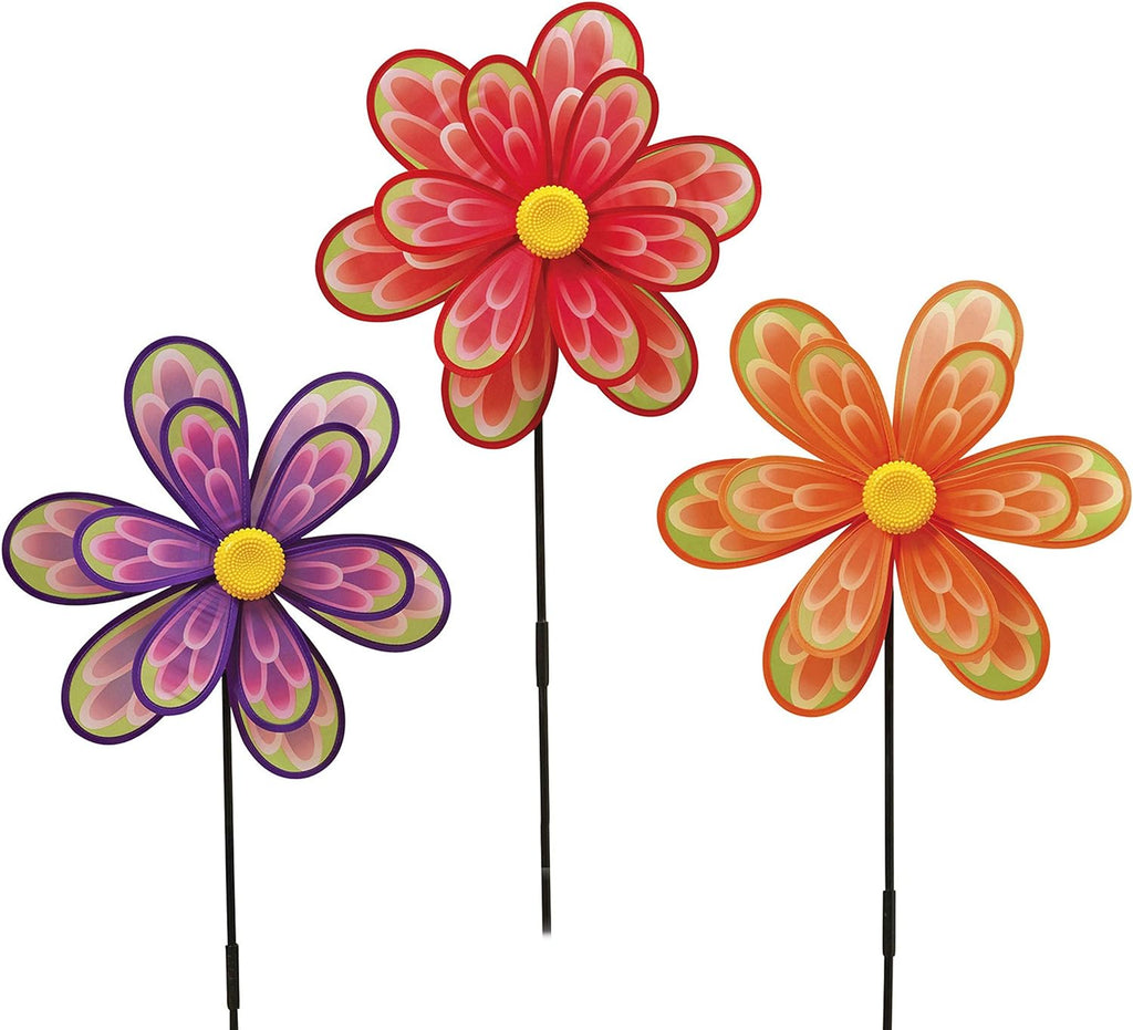 Set of 3 Flower Wind Spinners - Pink, Orange, Green and Purple Yard Spinners 15 Inches Wide x 34.5 Inches High Each