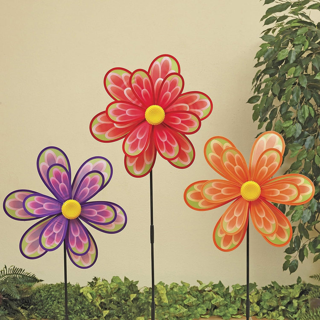Set of 3 Flower Wind Spinners - Pink, Orange, Green and Purple Yard Spinners 15 Inches Wide x 34.5 Inches High Each