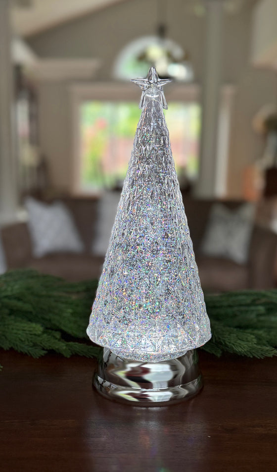 LED Christmas Tree Water Lantern, 12 inch Height, Clear Acrylic with Silver Base, USB or Battery Operated, Christmas Snow Globe