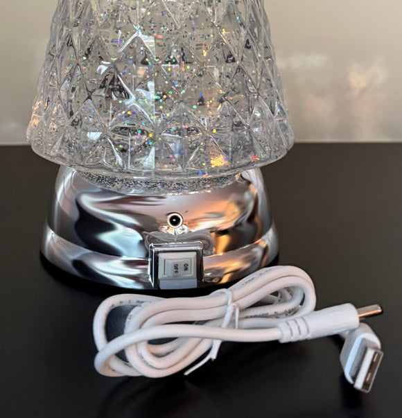 LED Christmas Tree Water Lantern, 12 inch Height, Clear Acrylic with Silver Base, USB or Battery Operated, Christmas Snow Globe
