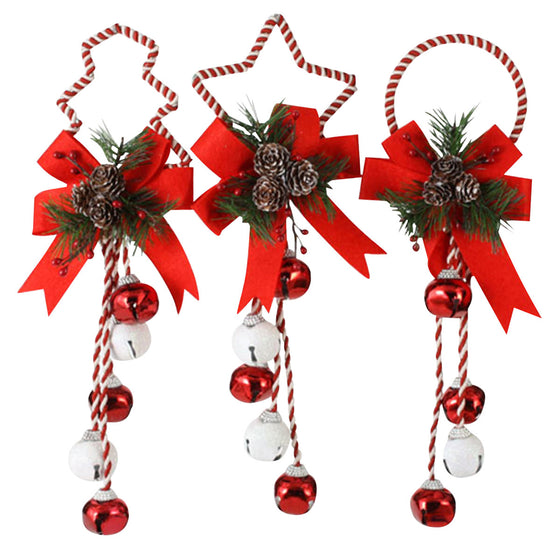 Set of 3 Christmas Door Hanger Swags with Jingle Bells in Red & White, Artificial Pine and Red Bows 14 Inches - Star, Circle and Tree Shapes