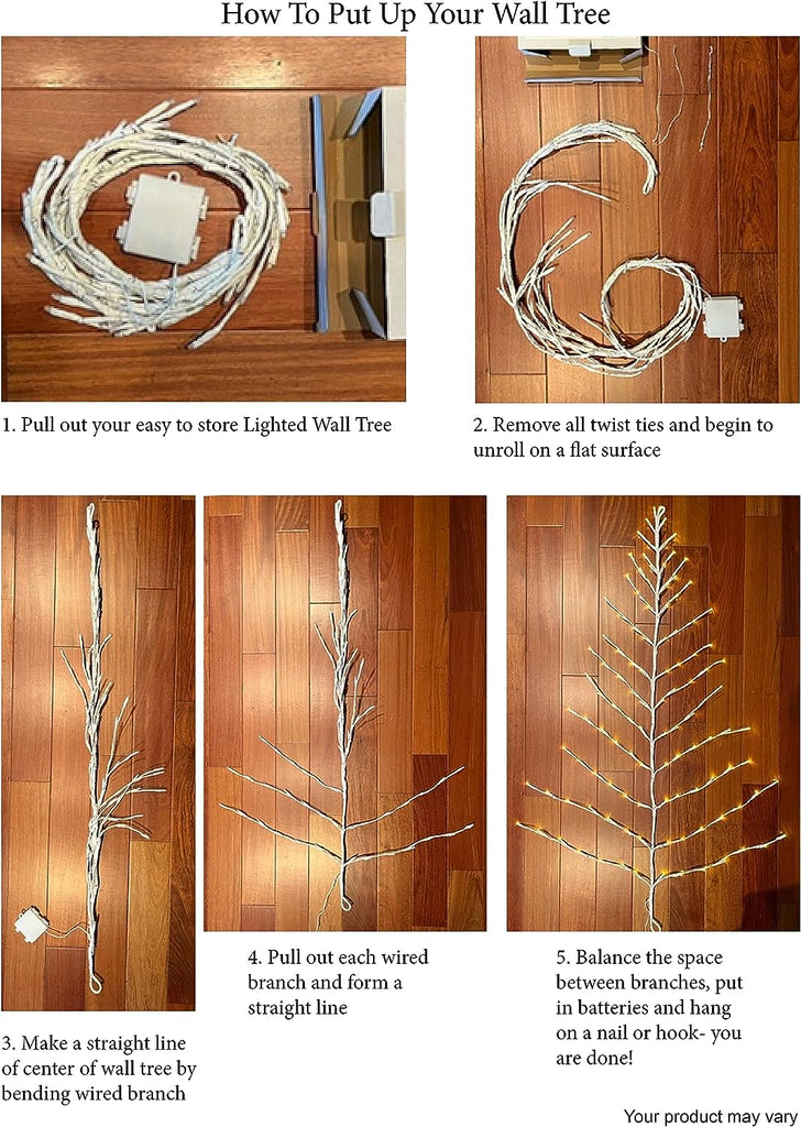 Lighted White Birch Christmas Wall Tree - Indoor/Outdoor LED 3 Feet High - Warm White Lights - Battery Operated with Timer, White Branches