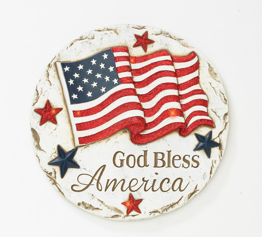 Patriotic American Flag Stepping Stone in Glittered Red with Blue and White Accents, God Bless America Sentiment, 11.5 Inches Diameter