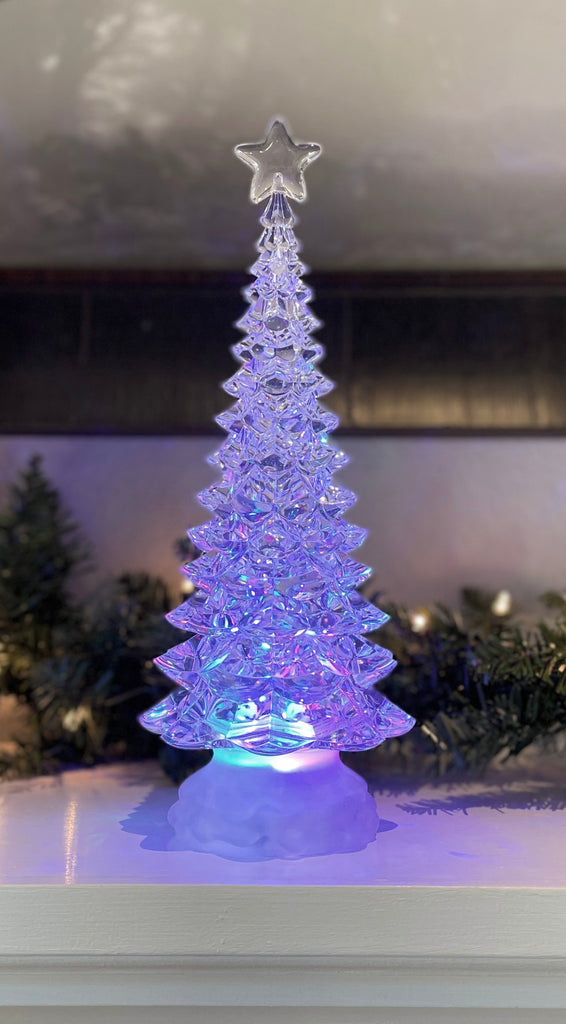 Multi-Color Christmas Tree Snow Globe Water Lantern - Christmas Tree Water Lantern with Swirling Glitter Snow and Star Topper, 13 Inches High x 4.5 Inches Wide, Battery Operated with Timer (Style A)