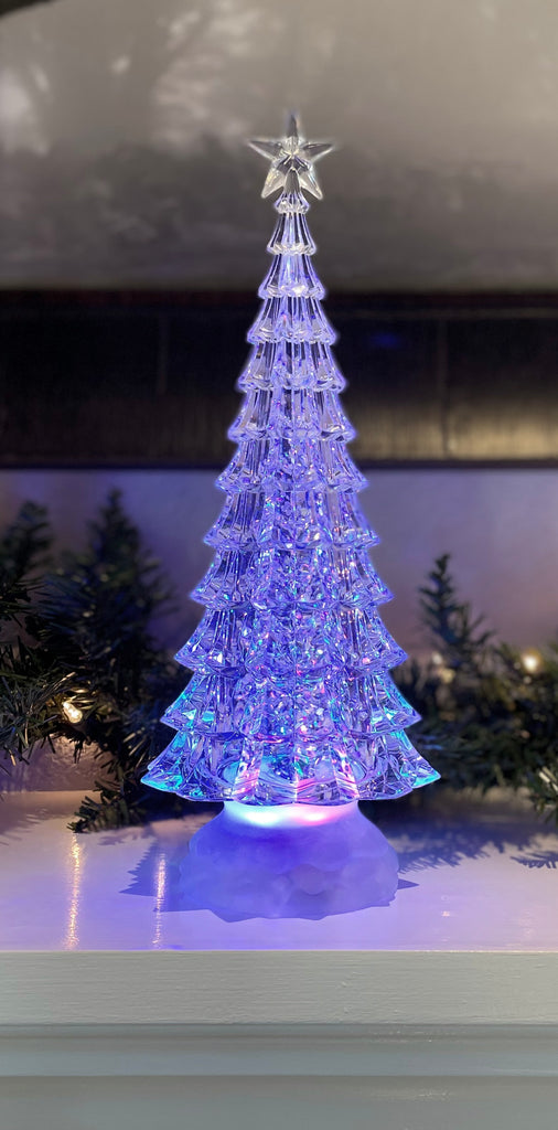 Multi-Color Christmas Tree Snow Globe Water Lantern - Christmas Tree Water Lantern with Swirling Glitter Snow and Star Topper, 13 Inches High x 4.5 Inches Wide, Battery Operated with Timer-Style C
