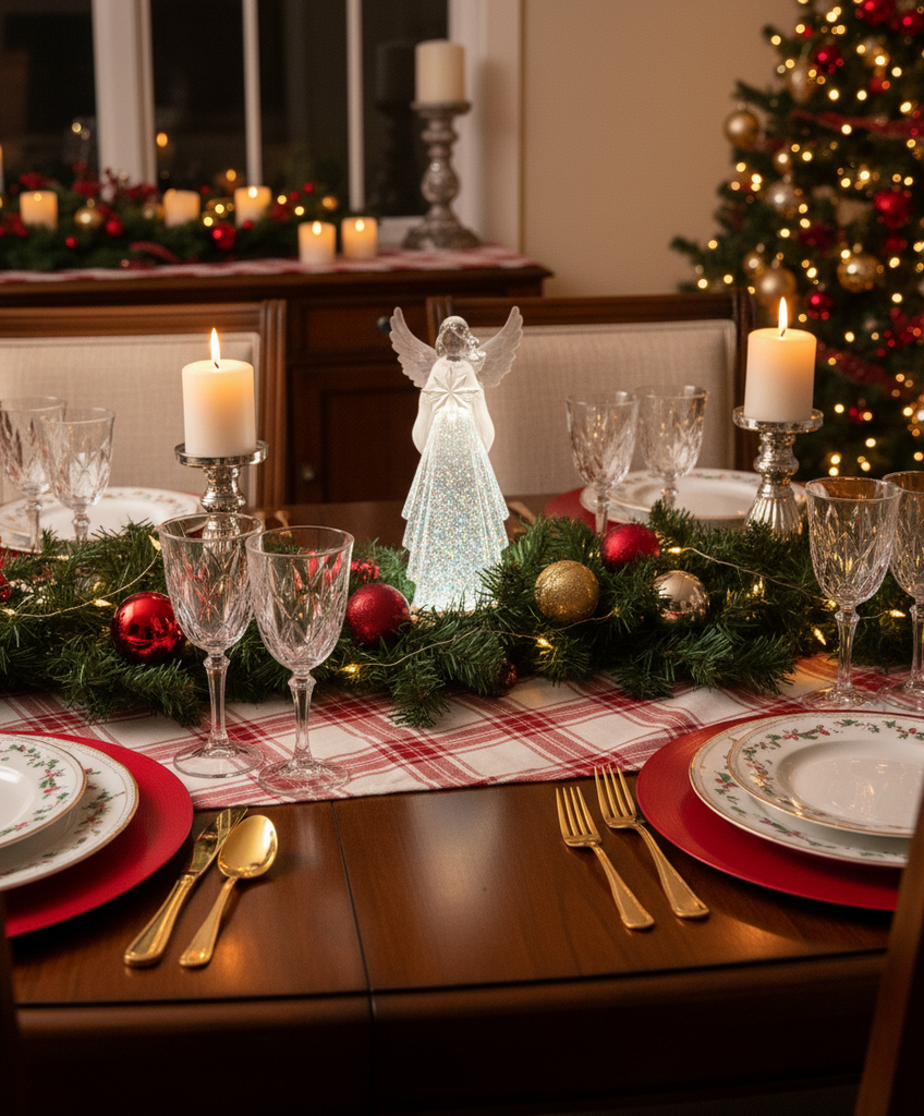 13" high Decorative angel figure with sparkling lights against a dark background