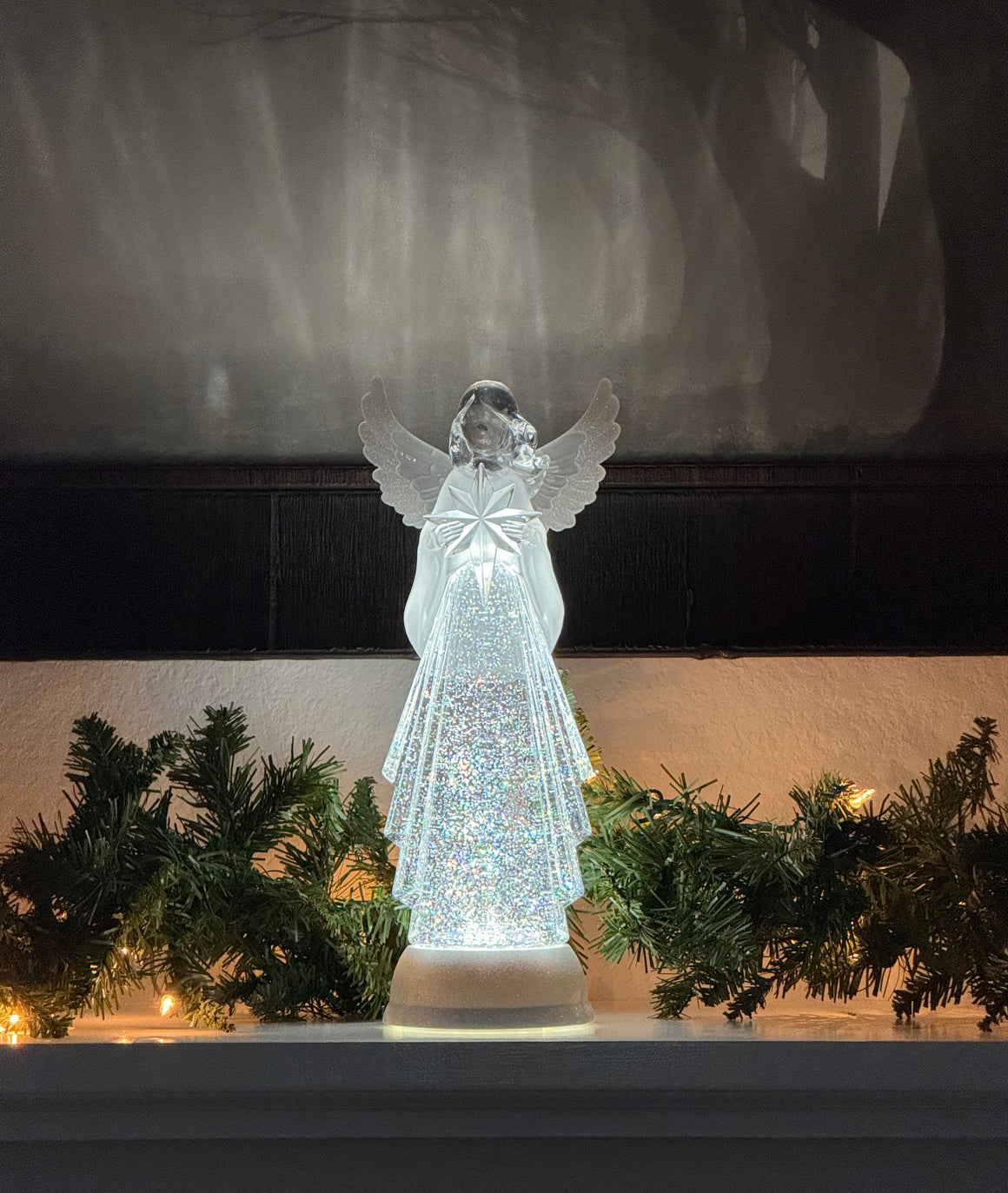 LED Christmas Angel Water Globe, 13" High, Battery Operated with Timer, Spinning Glitter Globe with Star, Clear Acrylic Water Lantern