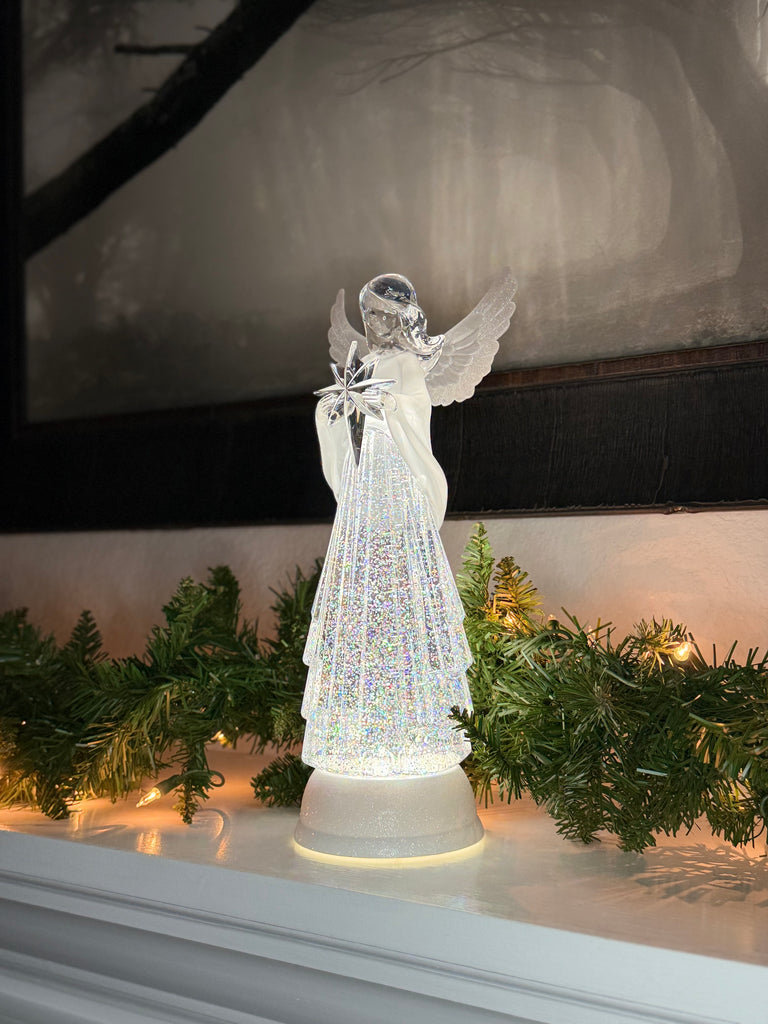 LED Christmas Angel Water Globe, 13" High, Battery Operated with Timer, Spinning Glitter Globe with Star, Clear Acrylic Water Lantern