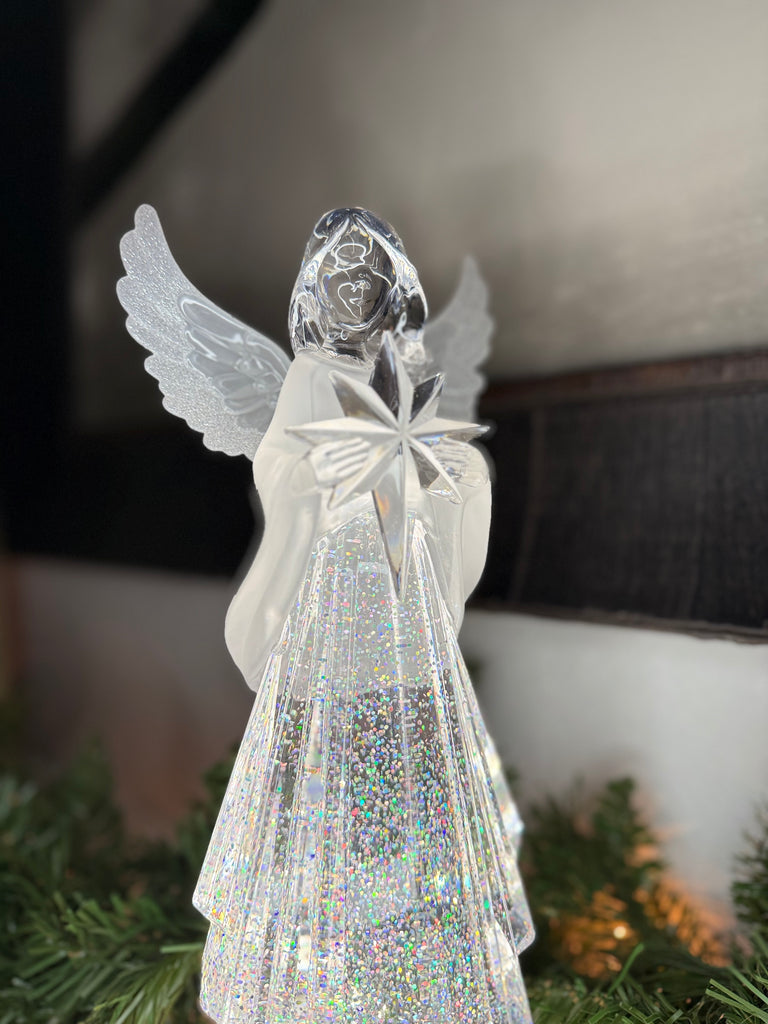 LED Christmas Angel Water Globe, 13" High, Battery Operated with Timer, Spinning Glitter Globe with Star, Clear Acrylic Water Lantern
