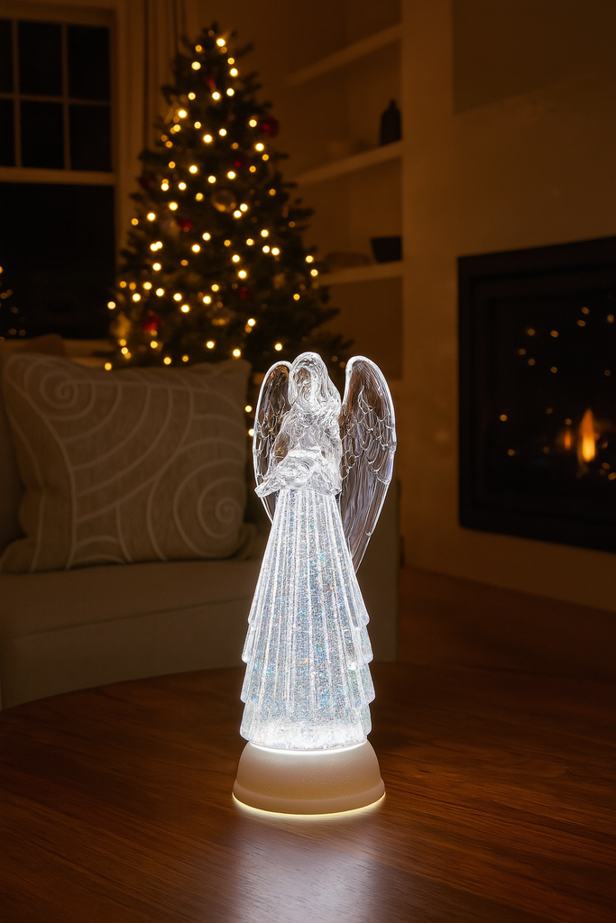 Christmas Praying Angel Lighted Water Globe with Spinning Glitter, LED, 13" High, Battery Operated Timer, Clear Acrylic