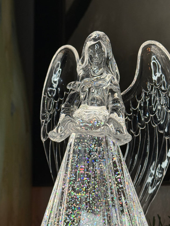 Christmas Praying Angel Lighted Water Globe with Spinning Glitter, LED, 13" High, Battery Operated Timer, Clear Acrylic