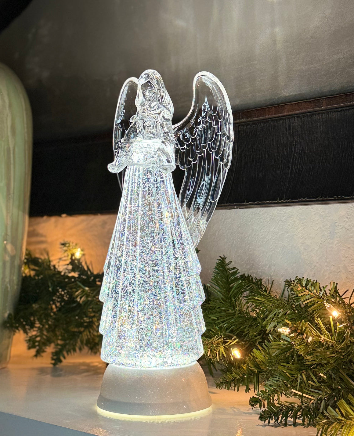 Christmas Praying Angel Lighted Water Globe with Spinning Glitter, LED, 13" High, Battery Operated Timer, Clear Acrylic