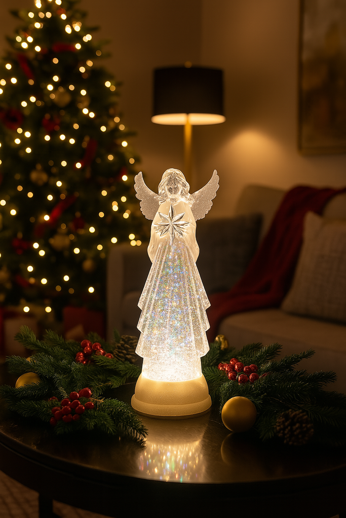 LED Christmas Angel Water Globe, 13" High, Battery Operated with Timer, Spinning Glitter Globe with Star, Clear Acrylic Water Lantern